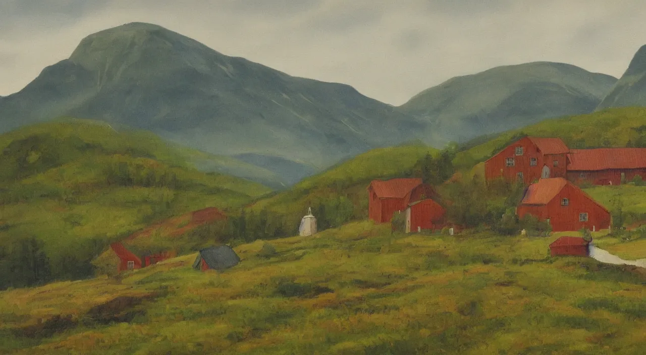 Image similar to a landscape painting of a norwegian house