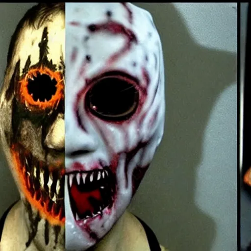 Prompt: terrifying ghost demon, found footage, brutal violence, creepypasta, slasher smile, black dahlia