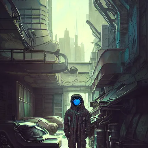 Image similar to A portrait of a cyberpunk thug on the street of Soviet sleeping quarters on the moon, Norilsk, sci-fi, fantasy, intricate, very very beautiful, elegant, highly detailed, digital painting, artstation, concept art, smooth, sharp focus, illustration, art by artgerm and greg rutkowski and alphonse mucha