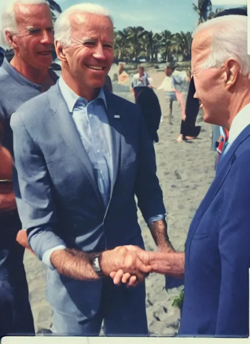 Image similar to candid polaroid of Jeffery Epstein! shaking hands with Joe Biden!, real, at beach. Smiling, holding ice cream.