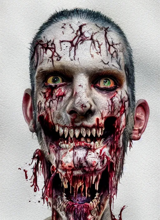 Image similar to zombie hollywood professional acting headshot, hyperrealism, intricate detailed, studio lighting, charming expression gesicht, watercolor art, drawn and painted, colored layers, dulled contrast, exquisite fine art