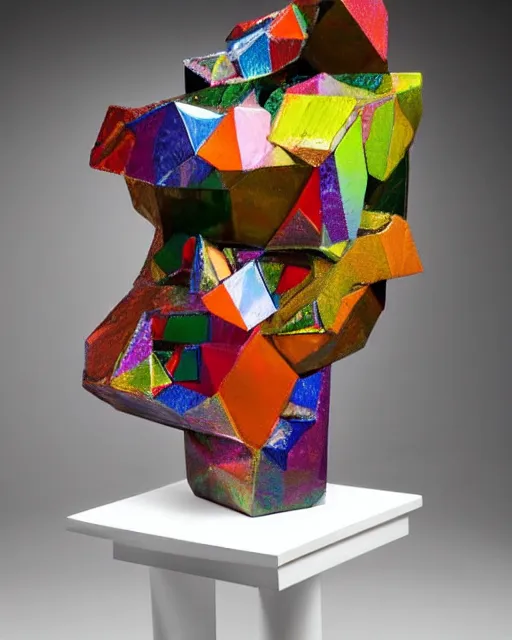 Image similar to a multicolored bismith sitting on top of a table, an abstract sculpture by john chamberlain, trending on pinterest, crystal cubism, angular, made of crystals, iridescent