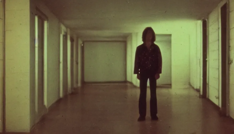 Image similar to 7 0 s film still from a horror movie featuring a person suffering from treacher collins syndrome standing alone in a liminal space, kodachrome, cinecolor, cinestill, photorealism, cinematic, film grain, film texture, vhs recording