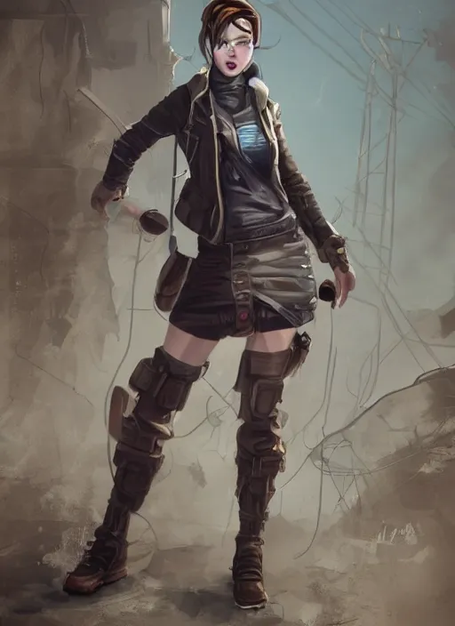 Prompt: post - apocalyptic woman character art, wearing a jacket and a miniskirt, digital art, character concept, trending on artstation