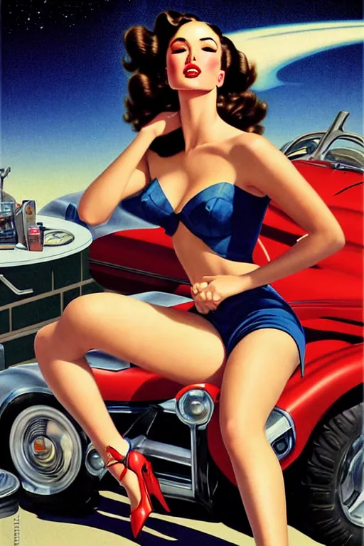 Image similar to beautiful retro space megan fox varga girl sitting on a corvette in diesel punk city, windblown dark hair, retro pinup model, seductive, 1 9 4 0, glamour pose, intricate, smoke, hyper detailed, digital art, smooth, sharp focus, alberto vargas, gil elvgren, greg rutkowski