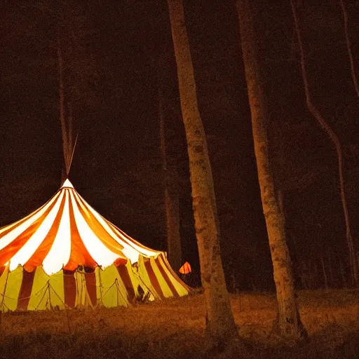 Prompt: « a cinematic picture by night of a circus tent in the middle of the forest in the mountains »