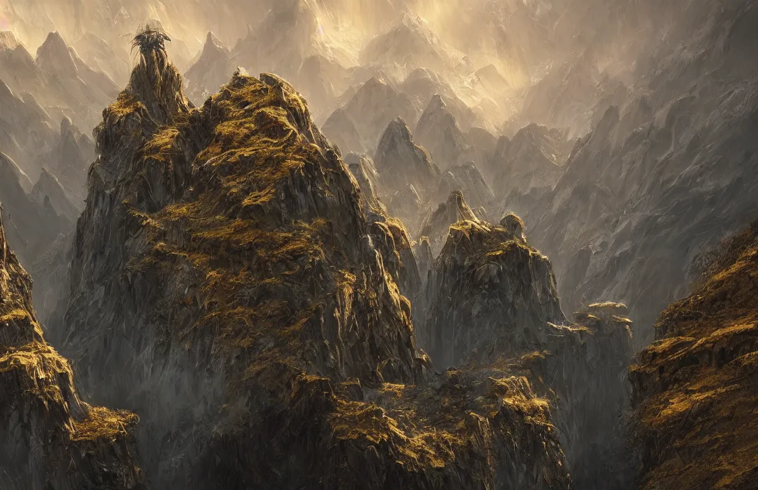 Image similar to a huge mountains and abandoned underground away in the style of martin deschambault, detailed dreamscape, hyperreal phantastic, intricate details in environment, golden ratio, high aestehtic, waterfalls and lakes, cinematic light dramatic light, lightrays, flying birds in distance, trending on artstation