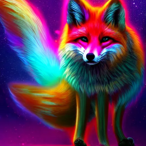 Prompt: digital fox, retrowave palette, corrupted digital world, highly detailed, electric breeze, anatomically correct vulpine, synth feel, fluffy face, ear floof, flowing fur, super realism, accurate animal imagery, 4 k digital art