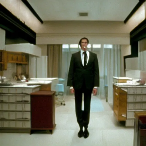 Image similar to the american psycho by wes anderson, cinematic still