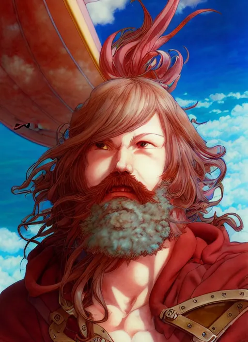 Image similar to prompt : ragnarok online portrait soft light painted by james jean and katsuhiro otomo and erik jones, inspired by akira anime, epic fantasy, a long red haired, red bearded male sky - pirate in front of an airship, intricate oil painting, high detail illustration, sharp high detail, manga and anime 1 9 9 9