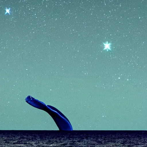 Prompt: Shinny stars in ocean and whales in sky dancing with dark moon