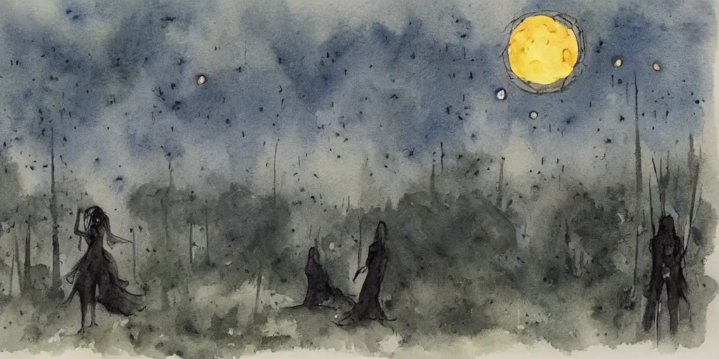 Image similar to forest mystical ceremony under the moon light, fireflies, ominous sky, watercolor by jeffrey catherine jones