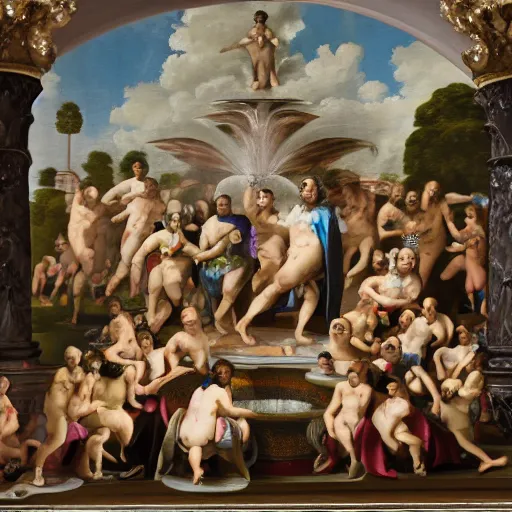 Prompt: facility portrait, all subjects posing around a fountain baroque style 1 6 5 6 inspired by diego velasquez 2 2 ft distance