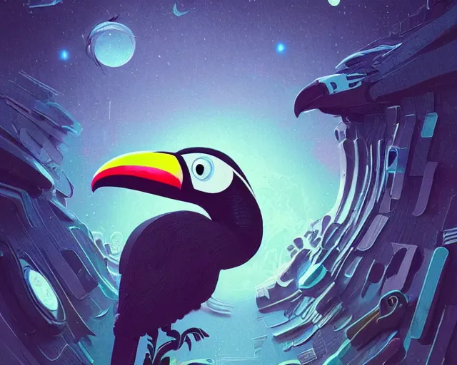 Image similar to tucan on the moon with neon cute giant eyes, intricate abstract. intricate artwork, by tooth wu, wlop, beeple, dan mumford. concept art, octane render, trending on artstation, greg rutkowski very coherent symmetrical artwork. cinematic, key art, hyper realism, high detail, octane render, 8 k, iridescent accents