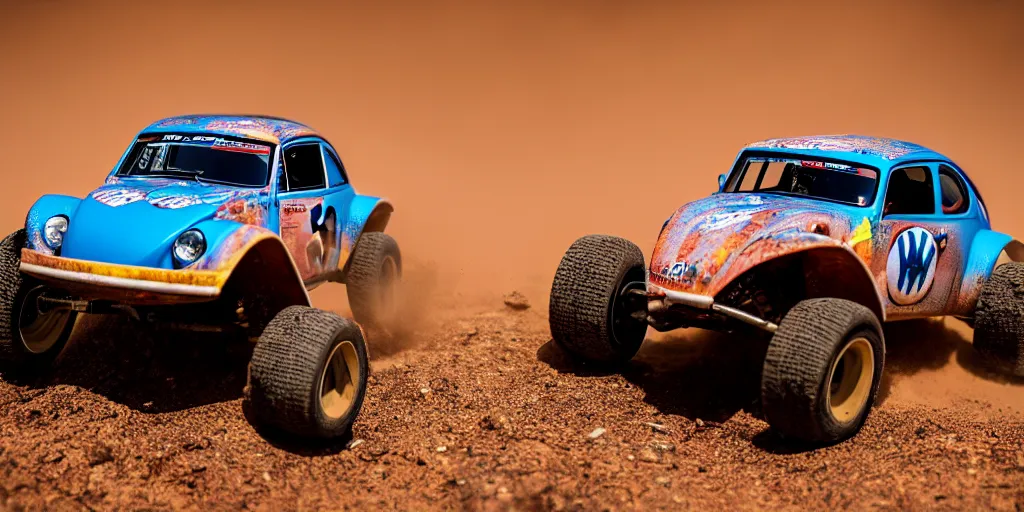 Prompt: Hot Wheels, VW BAJA BUG, trophy truck, cinematic, Maxxis, 8k, depth of field, mexican desert, bokeh, DAKAR.