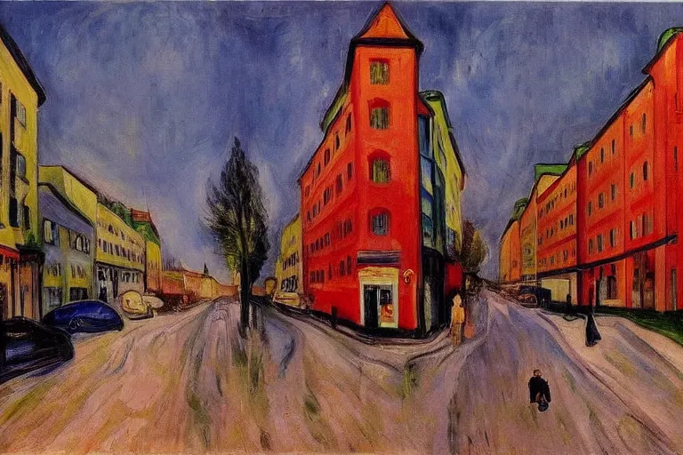 Image similar to unique shops, apartment towers, and cute townhouses along a city street, oil painting by edvard munch