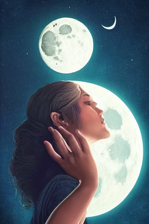 Image similar to woman grasping the moon, closeup!, digital art, tarot card, symmetrical portrait!!, trending on cgsociety, contest winner, digital art, intricate, by beeple, artgerm, rutkowski, mumford, bussiere, villeneuve, symmetry!!