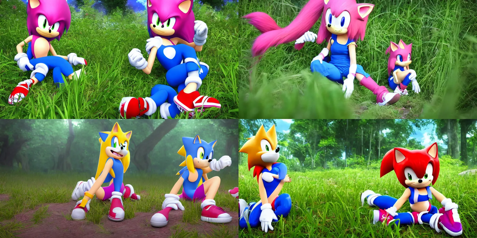 Prompt: Amy Rose from the Sonic Series wearing a summer shirt and shorts, sitting down in a casual pose with one knee raised up, looking off to the side, in tall grass in a fantastical cyan forest, overgrown marble ruins, low-angle shot, arnold 3, photorealistic, highly detailed