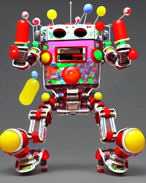 Prompt: cute elaborate epic robot made from candy and pinball machine parts in a crowded city made of arcade machines and buildings made of candy, symmetrical, bubbles everywhere, video game consoles, colored wires, translucent, clear parts, detailed by pokedstudio, rendered in blender, 3 d models