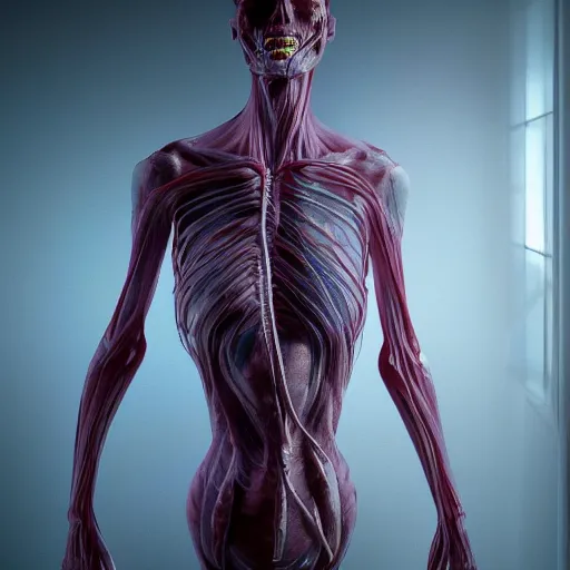 Image similar to a human - shaped anatomical ghost covered in fluid silk, ethereal, veins nerves, tendons wires, machines, highly detailed, backlit, dark atmosphere, octane render, unreal engine, photorealist, procedural light