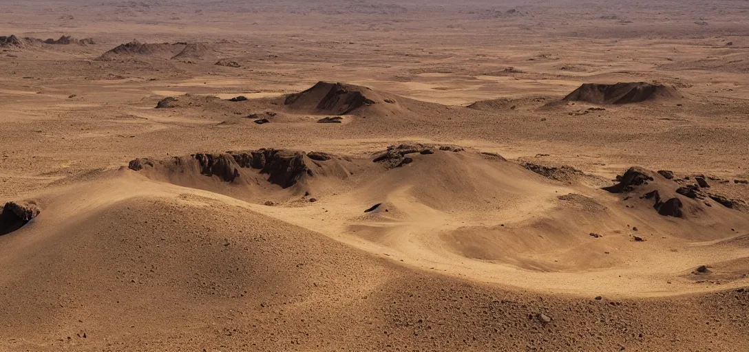 Prompt: a large hill placed in the center of a barren blue desert with a dark forboding sky, simple white archtecture sprawled on one side, golden light glowing softly on one side