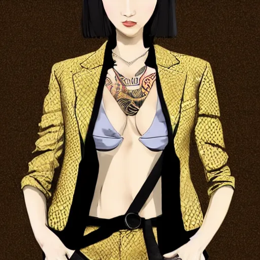 Image similar to yakuza slim girl, gold suit jacket in snake print, jacket over bare torso, yakuza tattoo Irezumi on body, black short curtain haircut, black leather pants with black belt, portrait, beautiful face, elegant, 2d, ultra highly detailed, digital painting, smooth, sharp focus, artstation, art by Ilya Kuvshinov, rossdraws