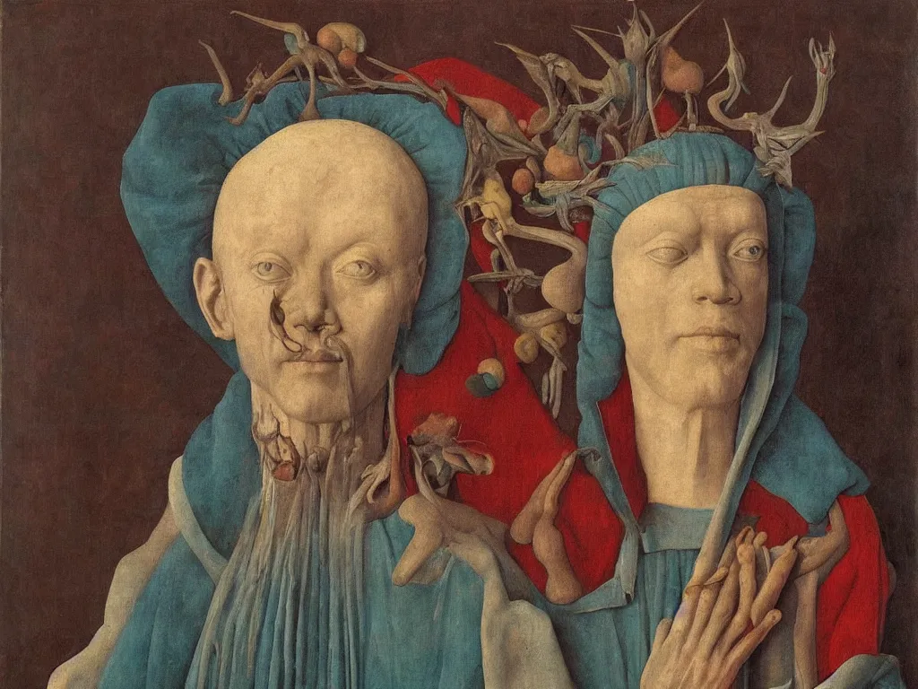 Image similar to Portrait of albino mystic with blue eyes, with Gandhara sculpted heads. Painting by Jan van Eyck, Audubon, Rene Magritte, Agnes Pelton, Max Ernst, Walton Ford