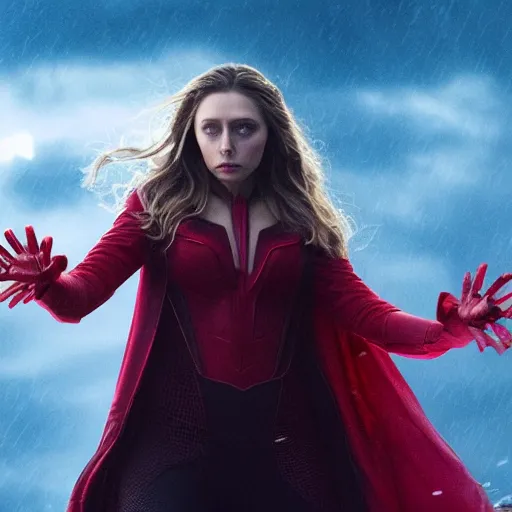 Prompt: movie still of elizabeth olsen as the scarlet witch afloat in the air with red eyes, using her magic to control the weather, full - body portrait, trending on artstation, 8 k quality, cgsociety contest winner, artstation hd, artstation hq, luminous lighting, beautiful cloudy atmosphere