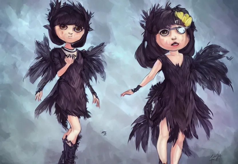 Image similar to little girl with a short black haircut wearing a dress made of black feathers, artwork in league of legends art style, anatomically perfect