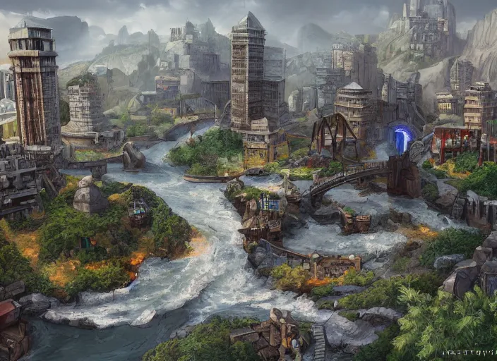 Prompt: wide shot, establishing shot of a modern day dungeons and dragons city with a river going through it, trending on artstation,