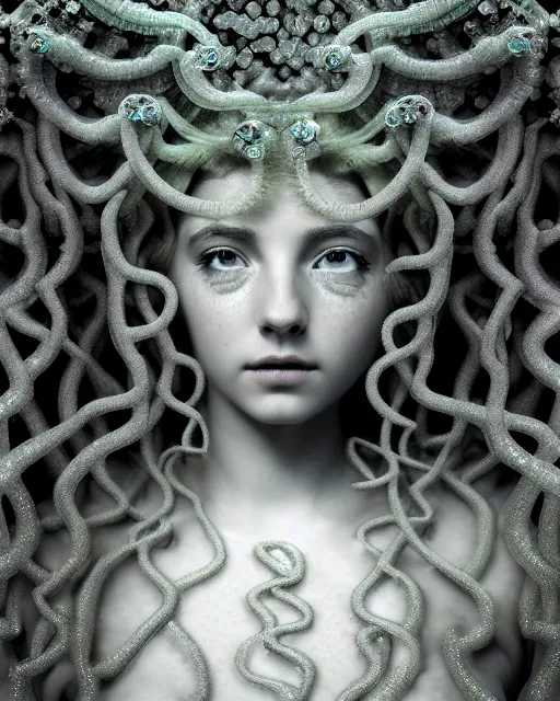 Image similar to surreal mythical dreamy underwater artistic bw photo of a beautiful young female angelic - medusa - cyborg covered with fish scales and algae, highly detailed, intricate crystal ivy jelly fish scales ornate, poetic, octane render, 8 k, photo - realistic, in the style of gustave dore and preraphaelites