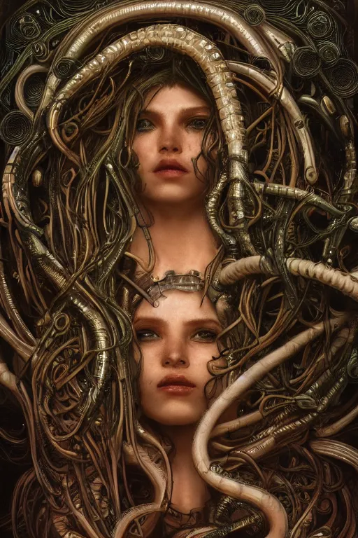 Prompt: Cyberpunk medusa, dark atmosphere, cinematic shot, intricate, ornate, photorealistic, ultra detailed, realistic, 35mm, photography, neon, octane, high definition, depth of field, bokeh, 8k, artstation, ((alphonse mucha)), (hr giger)