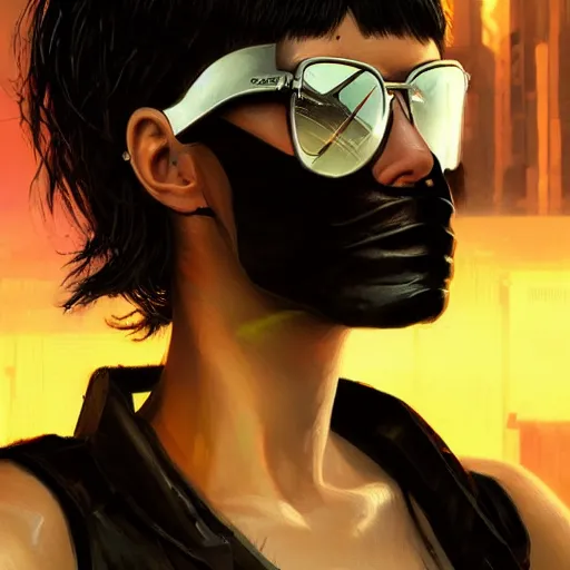 Prompt: cyberpunk, closeup portrait of a young razorgirl, sunglasses, black hair, shag cut, dramatic light, city background, sunset, dystopian setting, high contrast, sharp, painted by stanley lau, painted by greg rutkowski, painted by stanley artgerm, digital art, trending on artstation