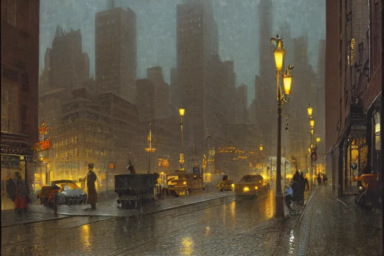 Image similar to painting of the streets of new york at night, streetlights, raining, romantic, by ludwig deutsch and maxfield parrish, patterned tilework, extremely detailed, cinematic lighting, smooth sharp focus