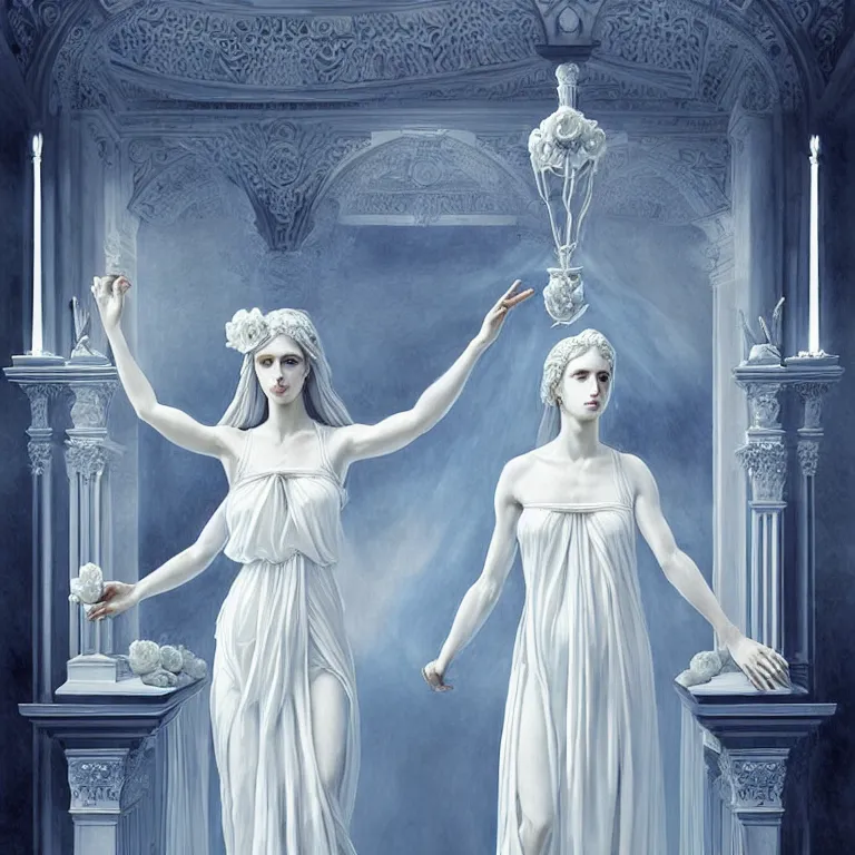 Prompt: neoclassical professional digital art of wonderful symmetrical goddess with a large majestic semi transparent white roses cotton dress, blue atmospheric light, dramatic lighting, cinematic, painted, intricate, detailed, foreboding, by art by meredit frampton and gregory crewdson, stunning, gorgeous, much wow, cinematic, masterpiece.