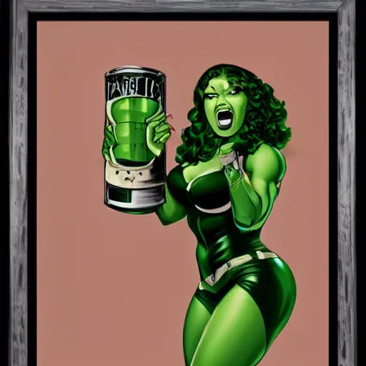 Image similar to Actress Gabrielle Union as She-Hulk, intricate, poster framed, pinup style, highly detailed, artstation, illustration, Gene Espy, Peter Temple, George Sportelli, Mitch Foust, Mike Hoffman, Garrett Blair, Mark Brown, Alex Miranda, Michael Bair, Eric Parker, Gene Espy, Mitch Foust, Peter Temple, Eric Parker, David Miller, Alex Miranda, Jay Fife, Brendon Fraim, David Bancroft, Al Rio, Mark Brown, Brian Fraim , Joe Rubinstein, Josh Templeton, Quinton Hoover, Eric Parker, Jim Sandersv Kevin Conrad, Michael Bair, Bob Layton