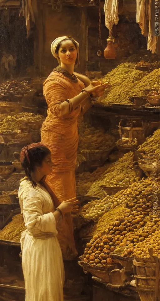 Image similar to young woman standing in a spice market at night by theodore ralli and nasreddine dinet and anders zorn and nikolay makovsky and edwin longsden long, oil on canvas, masterful intricate artwork, excellent lighting, high detail 8 k