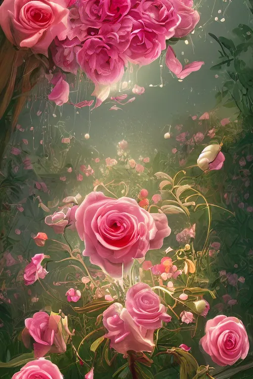 Image similar to beautiful digital matter cinematic painting of whimsical botanical illustration of roses and lilies and pearls whimsical scene by greg rutkowki and alena aenami artstation