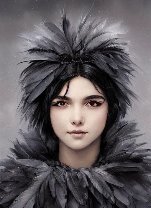 Image similar to a teenage girl with very short black hair and a huge cloak made of grey and black feathers. beautiful highly detailed face. smiling, beautiful painting by artgerm and greg rutkowski and raymond swanland, detailed portrait, closeup