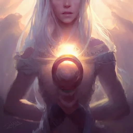 Image similar to a portrait of a beautiful lady with adorable eyes, light smiling, art of wlop and greg rutkowski, epic fantasy art, bright light masterpiece, ray of light through white hair