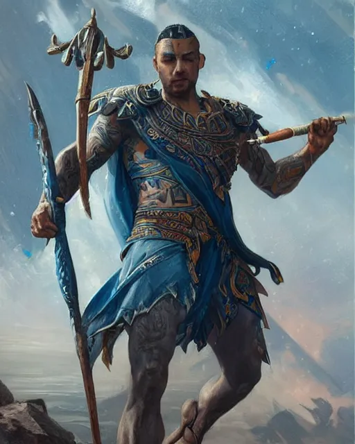 Prompt: a beautiful action portrait of an Atlantis prince, blue-fabric, tattoos, holding a deadly silver trident!!!!!!!!!!!!!, by Greg Rutkowski and Raymond Swanland, Trending on Artstation, ultra realistic digital art