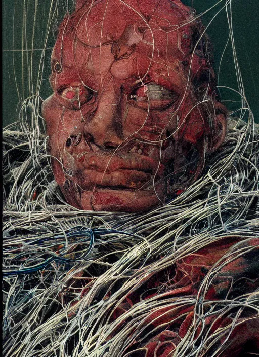 Prompt: cyborg sleeps in a pile of wires, white lines indicate parameters, blurred, grotesque, doomed, acrylic paint, high resolution, gouache on canvas, ultra detailed, vibrant colors, grotesque, wrapped thermal background, slimey, art by francis bacon, beksinski painting