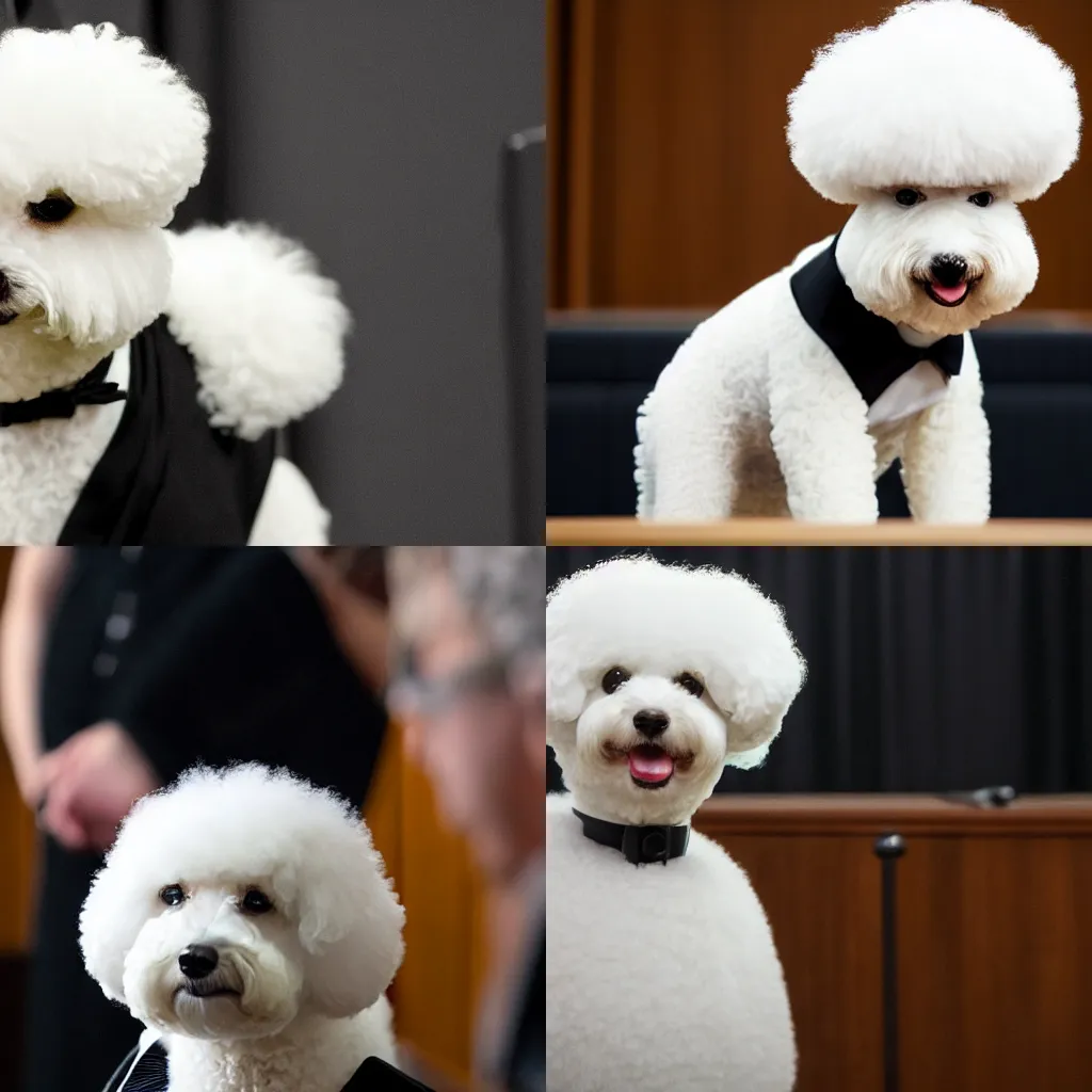 Image similar to a closeup photorealistic photograph of a cute smiling white bichon frise judge wearing a black gown and speaking to the courtroom. this 4 k hd image is trending on artstation, featured on behance, well - rendered, extra crisp, features intricate detail, epic composition and the style of unreal engine.