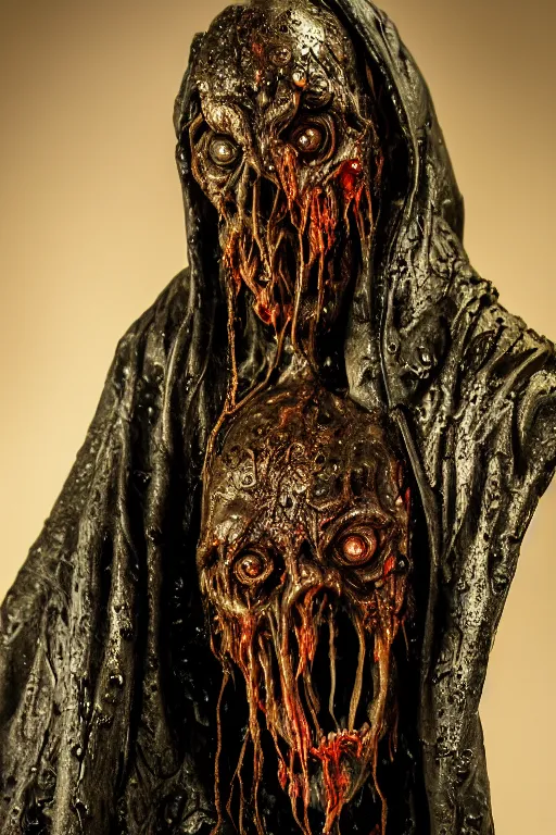 Image similar to photo taken of an epic intricate, ultra detailed, super realistic sculpture of a wet bloodied slimy nightmarish hellish demonic hooded grim reaper sculpture on display in a workshop, created by weta workshop, full body shots, photorealistic, sharp focus, f 0. 4, face centred, macro photography, golden ratio, golden hour