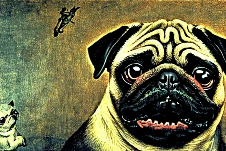 Image similar to a happy pug in a disturbing nightmare, single subject, scenic full shot, ambient lighting, detailed face, by hr giger, by hieronymus bosch