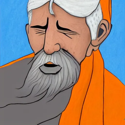 Prompt: biblical God , white grey hair , orange scarf , old man from the sky, is crying in tears and is very sad and sorrow , after creating humans