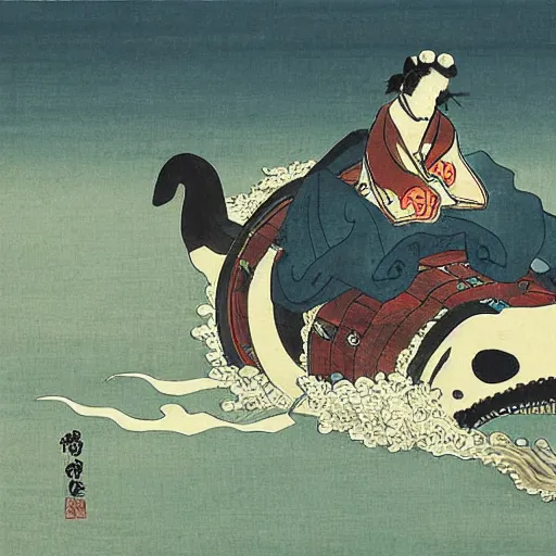 Image similar to dogs riding on the back of a whale in the middle of the ocean, Edo Period Japanese Art, award-winning art