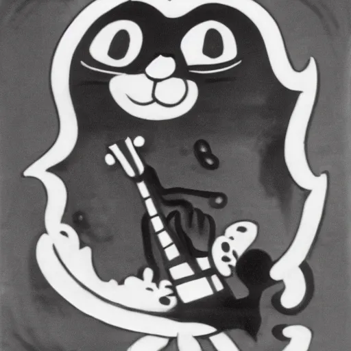 Image similar to cat playing guitar, rubber hose, felix the cat, pie eyes, 1 9 3 0 s, bw