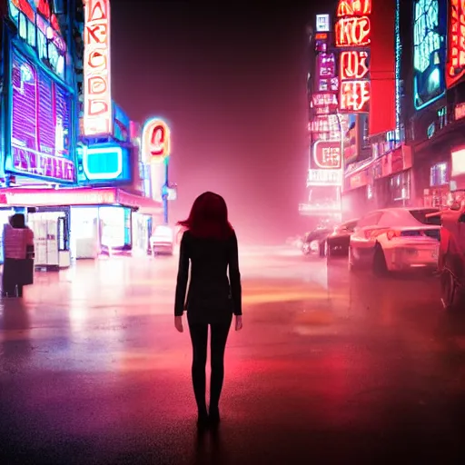 Image similar to skinny pale girl with red hair, cyberpunk city, crypto exchange, neon light, rain, foggy