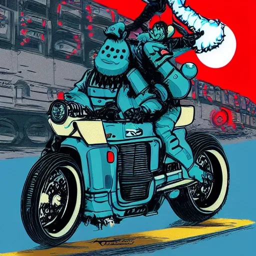 Image similar to illustration of cookie monster riding kaneda's motorcycle from akira by ilya kuvshinov katsuhiro otomo